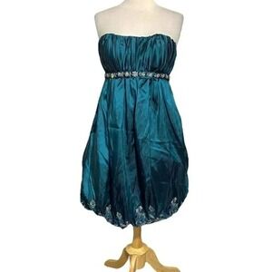 Paris Tony Bowls Strapless Teal Green Bubble Dress Embellished Belt & Hem Size 8